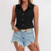 Solid Color Single-breasted Lapel Shirt Cotton And Linen Sleeveless Loose Top - Image 5