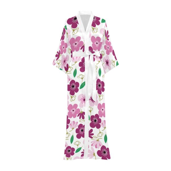 White Pink Purple Flowery Kimono Long Robe For Women