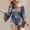 Printed Off-the-shoulder Women's Shirt Elegant Ruffle Sleeve Printed Blouse Sexy - Image 3