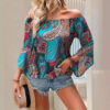 Printed Off-the-shoulder Women's Shirt Elegant Ruffle Sleeve Printed Blouse Sexy - Image 4