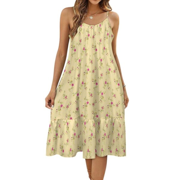 Yellow Suspender Sleeveless Dress With Small Pink Flowers