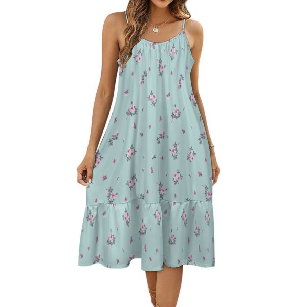 Turquoise Suspender Sleeveless Dress With Pink Flowers