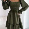 Square Collar Parallel Crepe Sewed Ruffled Hem Dress - Image 5