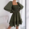 Square Collar Parallel Crepe Sewed Ruffled Hem Dress - Image 3