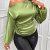 Women's Satin Shirt Asymmetric Long Sleeve Diagonal Collar Shirt Top - Image 8