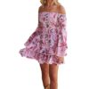 Off-shoulder Flower Print Large Bell Sleeve Ruffled Short Dress - Image 4