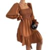 Square Collar Parallel Crepe Sewed Ruffled Hem Dress - Image 4