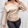 Women's Satin Shirt Asymmetric Long Sleeve Diagonal Collar Shirt Top - Image 9