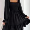 Square Collar Parallel Crepe Sewed Ruffled Hem Dress - Image 6