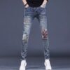 Men's Contrast Color Patch Hole Slim-fit Pants - Image 3