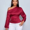 Women's Satin Shirt Asymmetric Long Sleeve Diagonal Collar Shirt Top - Image 10