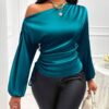 Women's Satin Shirt Asymmetric Long Sleeve Diagonal Collar Shirt Top - Image 2
