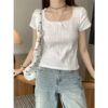 U Collar Lace Short-sleeved T-shirt Slim-fit Floral Top - Image 8