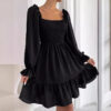 Square Collar Parallel Crepe Sewed Ruffled Hem Dress - Image 10