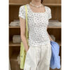 U Collar Lace Short-sleeved T-shirt Slim-fit Floral Top - Image 4