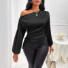 Women's Satin Shirt Asymmetric Long Sleeve Diagonal Collar Shirt Top - Image 3