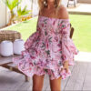 Off-shoulder Flower Print Large Bell Sleeve Ruffled Short Dress - Image 2