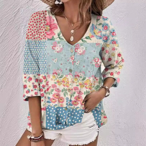 Female Oil Painting Printed V-neck Short Sleeved Shirt