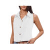 Solid Color Single-breasted Lapel Shirt Cotton And Linen Sleeveless Loose Top - Image 4