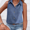 Solid Color Single-breasted Lapel Shirt Cotton And Linen Sleeveless Loose Top - Image 6