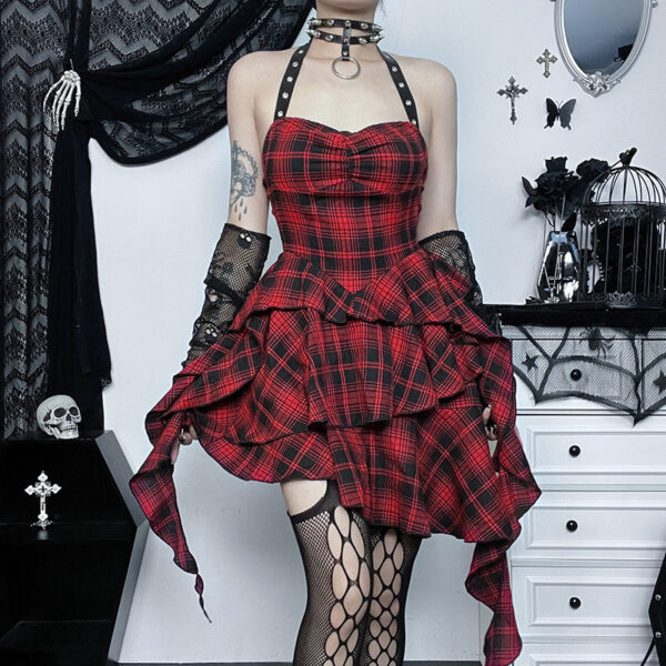 Red Plaid Irregular Halter Dress Women