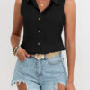 Solid Color Single-breasted Lapel Shirt Cotton And Linen Sleeveless Loose Top - Image 7