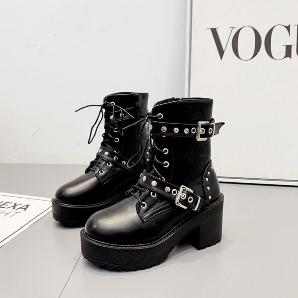 Rivet belt buckle lace thick heel platform platform women's boots