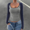 Women's Casual Color Matching Square Collar Long Sleeve T-shirt Spring And Autumn Women's Top - Image 6