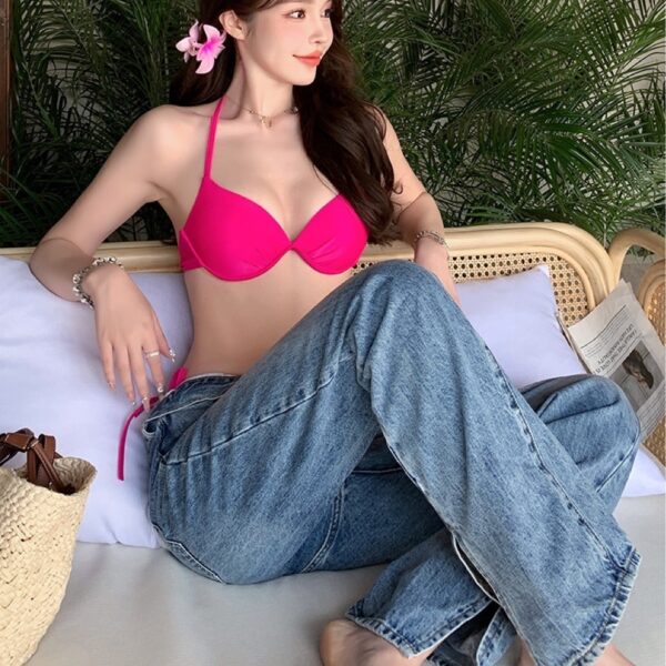 Women's Pink Rose Red Bikini Swimsuit With Steel Bracket