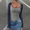 Women's Casual Color Matching Square Collar Long Sleeve T-shirt Spring And Autumn Women's Top - Image 2