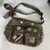 Vintage Button Bottle Cap Patch Messenger Distressed Crossbody Bag - Image 7