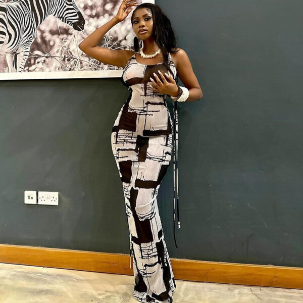 Printed Pullover Sleeveless Beauty Back Pleated Tight Braces Dress