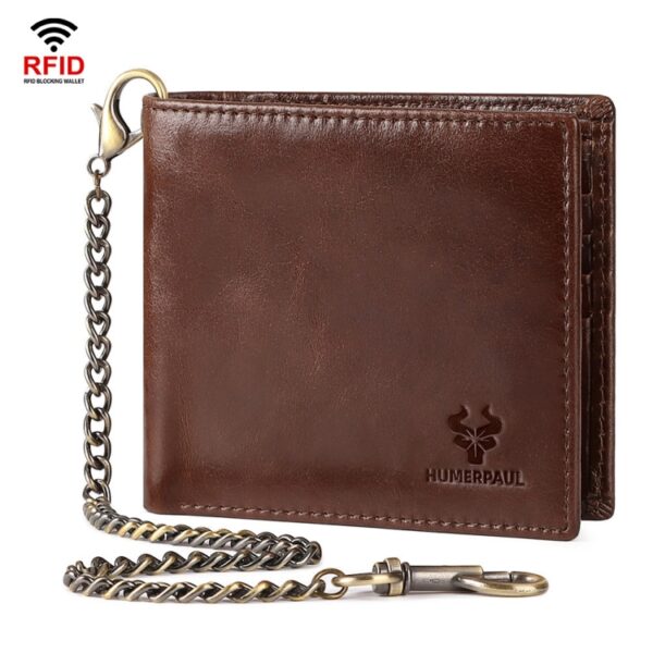 HUMERPAUL RFID Anti-Magnetic Men Pickup Card Bag Metal Chain Short Leather Wallet