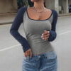 Women's Casual Color Matching Square Collar Long Sleeve T-shirt Spring And Autumn Women's Top - Image 3