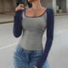 Women's Casual Color Matching Square Collar Long Sleeve T-shirt Spring And Autumn Women's Top - Image 5