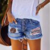 European And American Leisure Ripped Print Patch Tassel Denim Straight Shorts Female - Image 4