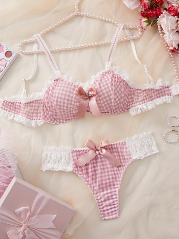 Cute Pink Checked Bra And Panties Set