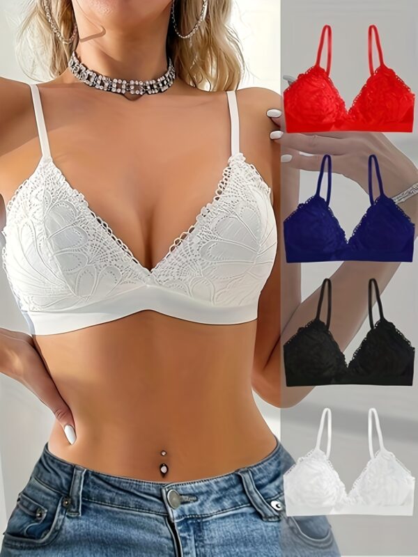 4pcs Women's Lace Bra With Removable Pads, No Underwire