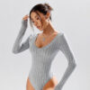 Simple Casual Solid Color Deep V-neck Slim Fit Waist-controlled Long Sleeves Jumpsuit Women - Image 7