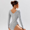 Simple Casual Solid Color Deep V-neck Slim Fit Waist-controlled Long Sleeves Jumpsuit Women - Image 5